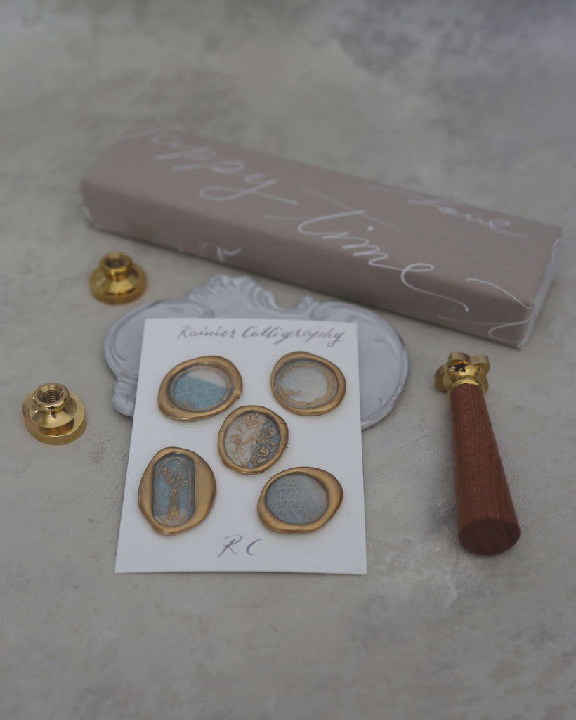 luxury wax seal set of 5 with blue chiyogami screen printed paper and gold gilding